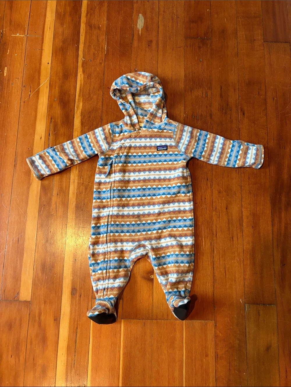 Patagonia Blue, Brown & Cream Striped Hooded Fleece Footie